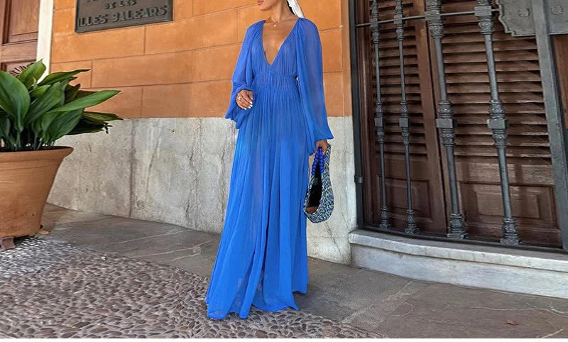 2025 Summer Commute Chic Vestidos Elegant Pleated Long Lantern Sleeve Long Dress Women O Neck Folds Loose Beach Dress
