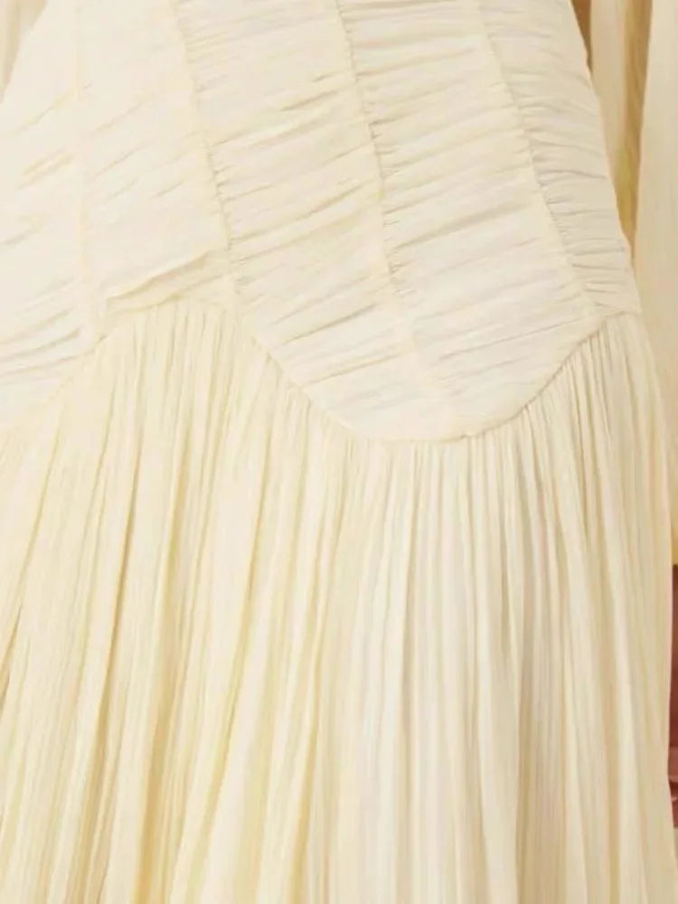 2025 Summer Commute Chic Vestidos Elegant Pleated Long Lantern Sleeve Long Dress Women O Neck Folds Loose Beach Dress