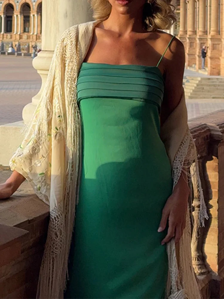 2025 New Women Clothing Halter Color Patchwork Strapless Dress High Waisted Drape Slimming Layered Strap Long Dress