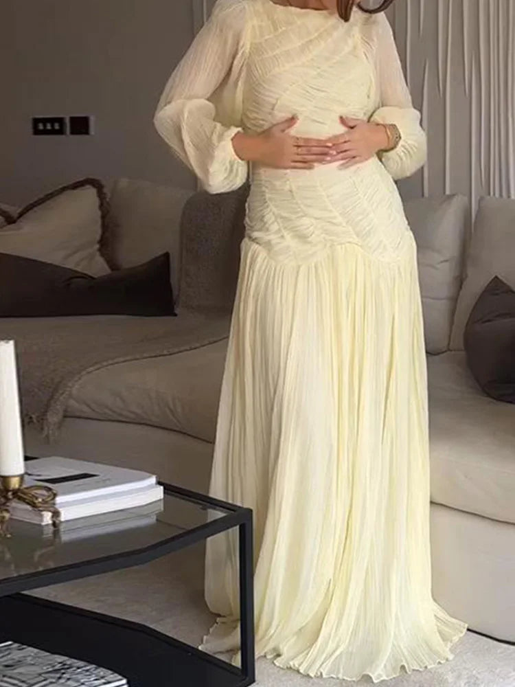 2025 Summer Commute Chic Vestidos Elegant Pleated Long Lantern Sleeve Long Dress Women O Neck Folds Loose Beach Dress