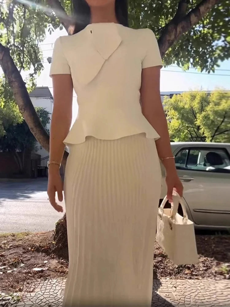 Elegant Pleated Skirt Set Women Irregular Shawl Slim Short Sleeve Ruffles Top Ankle-length Skirts 2025 Summer Solid Lady Outfit