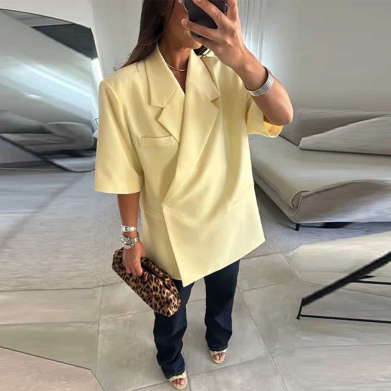 Elegant Blazer Coat Women Solid Short Sleeve Turn-down Collar Pocket Loose Coats 2025 Summer Autumn Chic Commute Outwear Lady