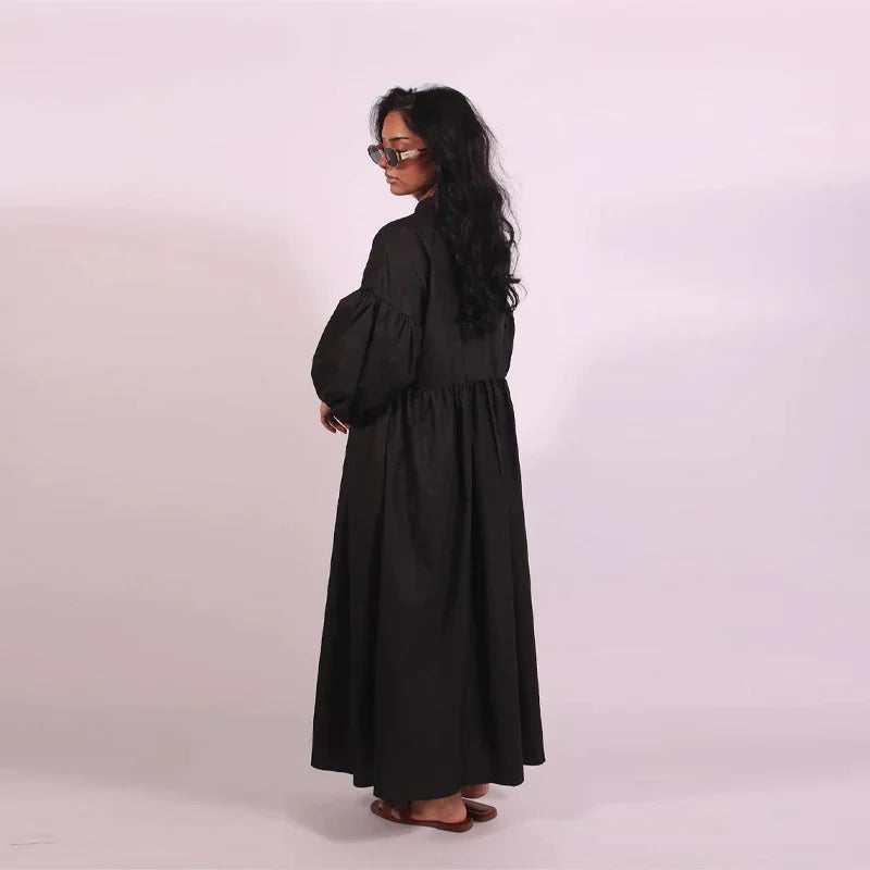 Casual Pleated Loose Dresses Women Solid Single Breasted O-neck Lantern Sleeve A Line High Waist Dress 2025 Chic Robes Lady