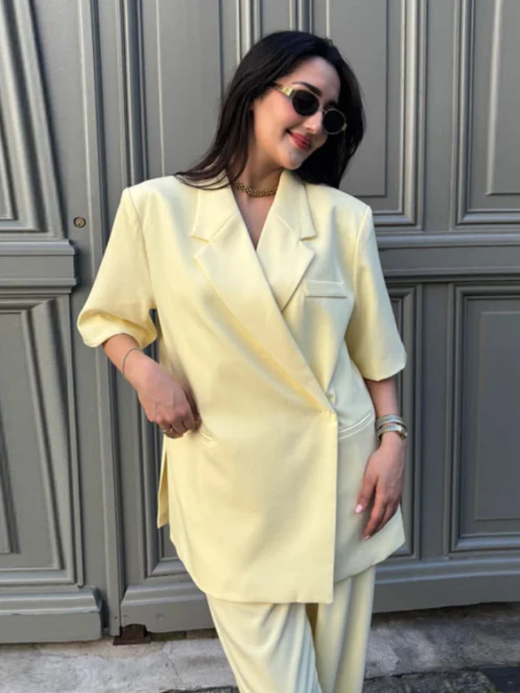 Elegant Blazer Coat Women Solid Short Sleeve Turn-down Collar Pocket Loose Coats 2025 Summer Autumn Chic Commute Outwear Lady