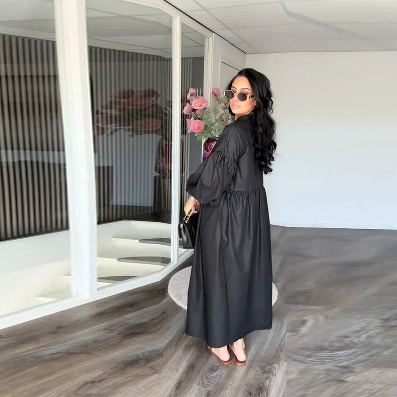 Casual Pleated Loose Dresses Women Solid Single Breasted O-neck Lantern Sleeve A Line High Waist Dress 2025 Chic Robes Lady