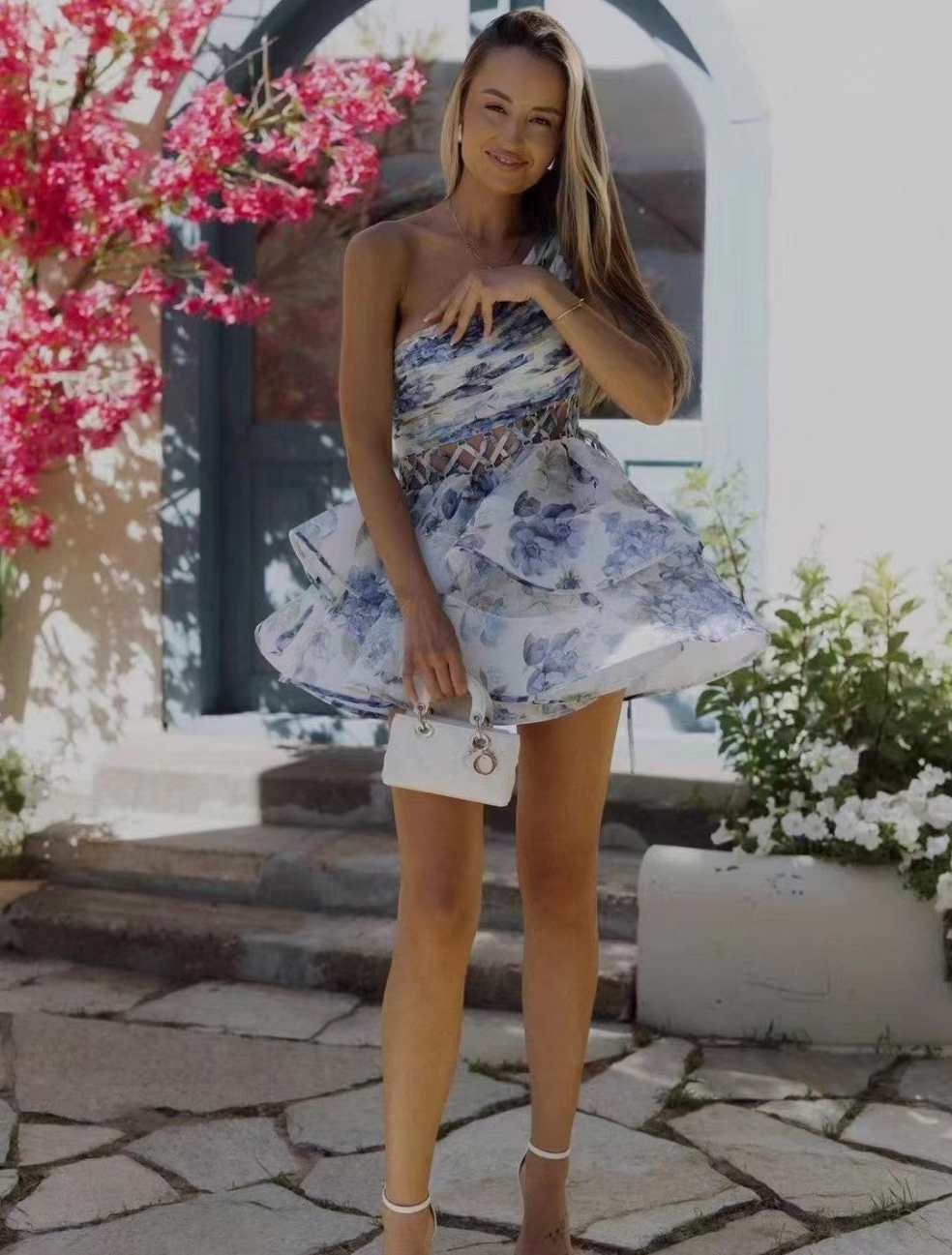 Vacation Style One-shoulder Pleated Lace-up Cutout Printed Puffy Cake Dress