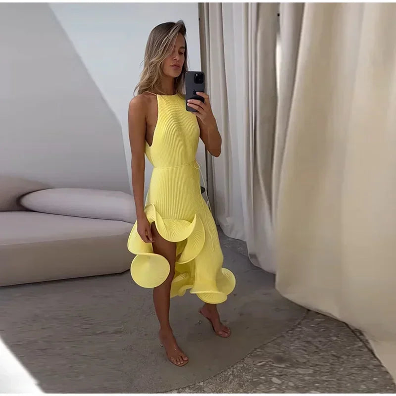 Elegant Ruffle Hem Short Dress Women Sexy Halter Lace Up Sleeveless Backless Irregular Party Dresses 2025 Summer Lady Vestidos