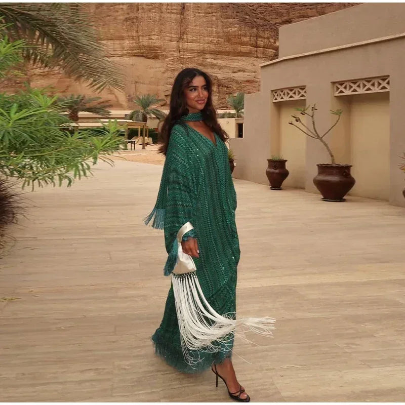 Elegant Tassel Stripe Long Dresses Women Sexy Off Shoulder With Scarf Full Sleeve Party Dress 2025 Fashion Loose Vestidos Lady