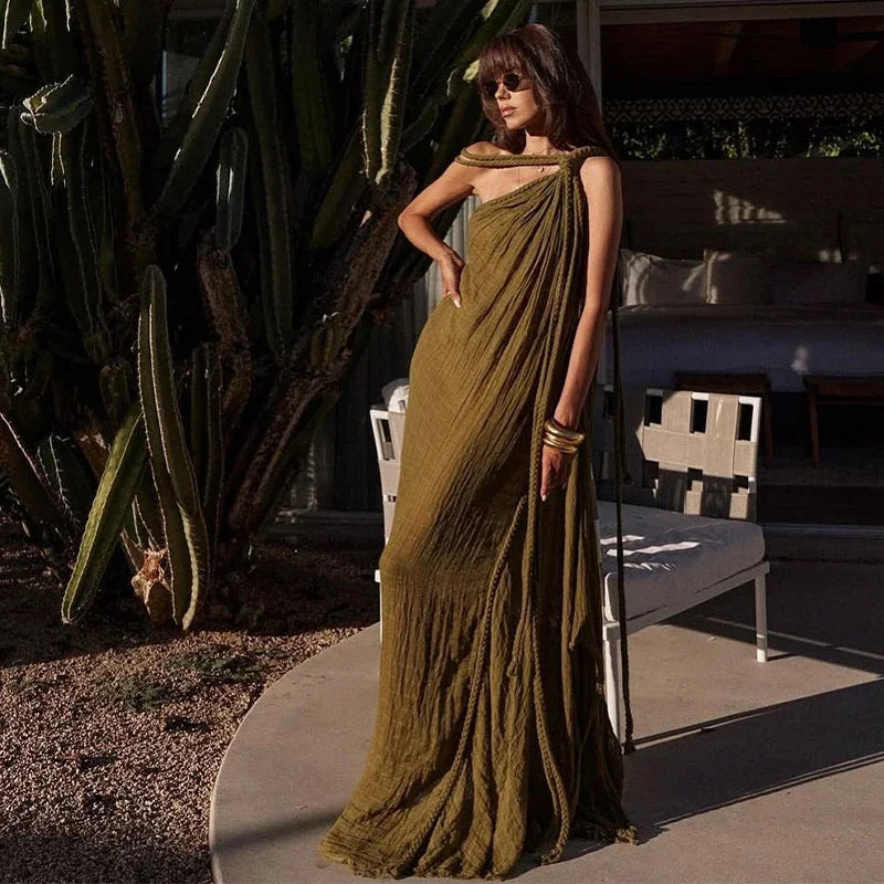 Sexy String Halter Dress For Women Loose Green Sleeveless Fold Long Dresses Female 2025 Summer Solid Beach Vacation Robes Lady