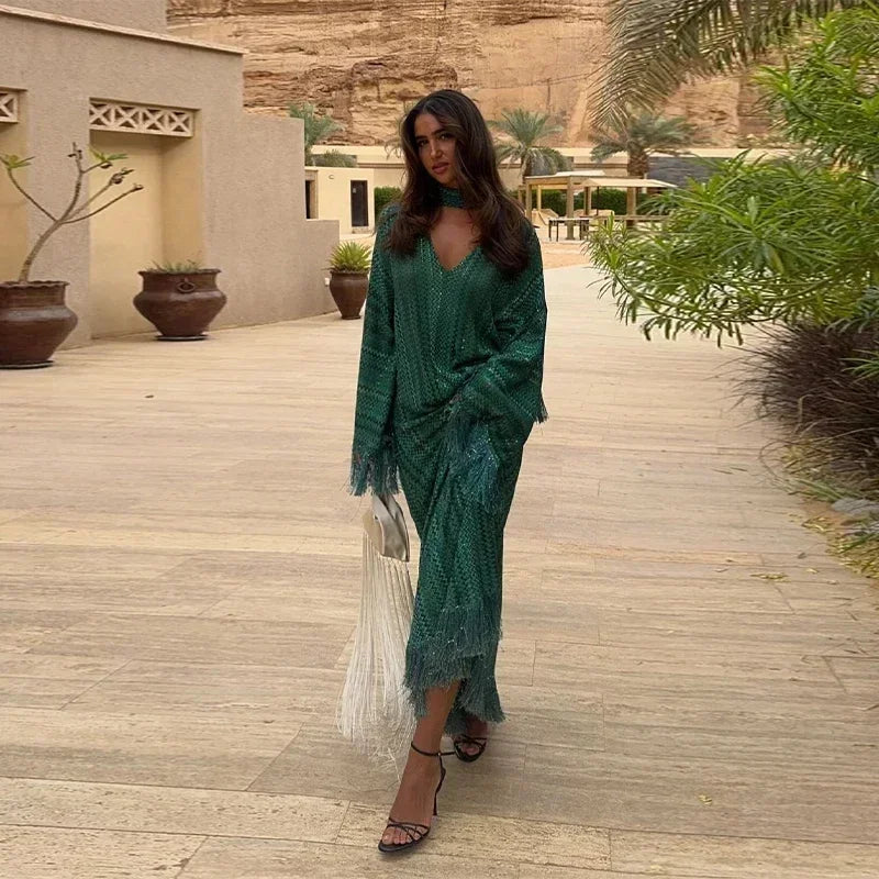 Elegant Tassel Stripe Long Dresses Women Sexy Off Shoulder With Scarf Full Sleeve Party Dress 2025 Fashion Loose Vestidos Lady