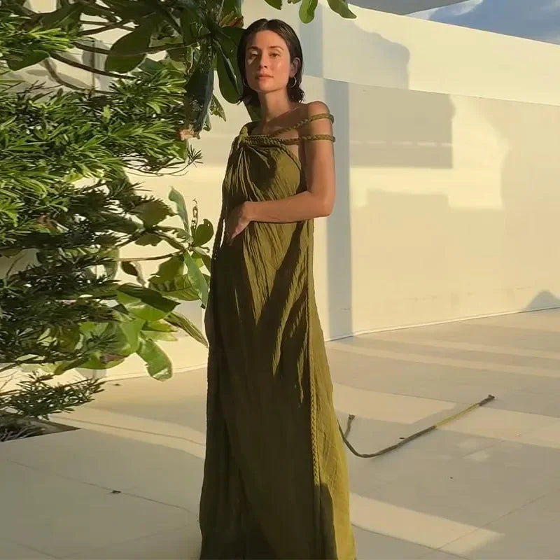 Sexy String Halter Dress For Women Loose Green Sleeveless Fold Long Dresses Female 2025 Summer Solid Beach Vacation Robes Lady