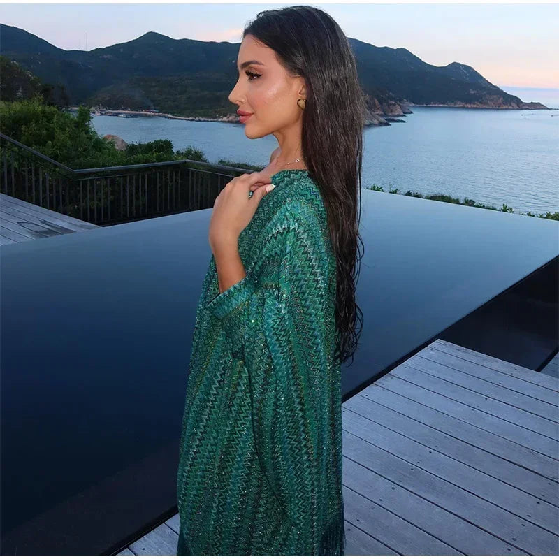 Elegant Tassel Stripe Long Dresses Women Sexy Off Shoulder With Scarf Full Sleeve Party Dress 2025 Fashion Loose Vestidos Lady