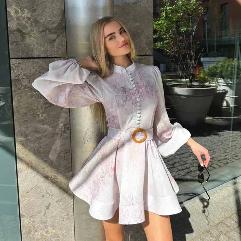 Elegant Printed Short Dress Women With Belt Single Breasted O-neck Long Sleeve A-line Dresses 2025 Fashion Party Vestidos Lady