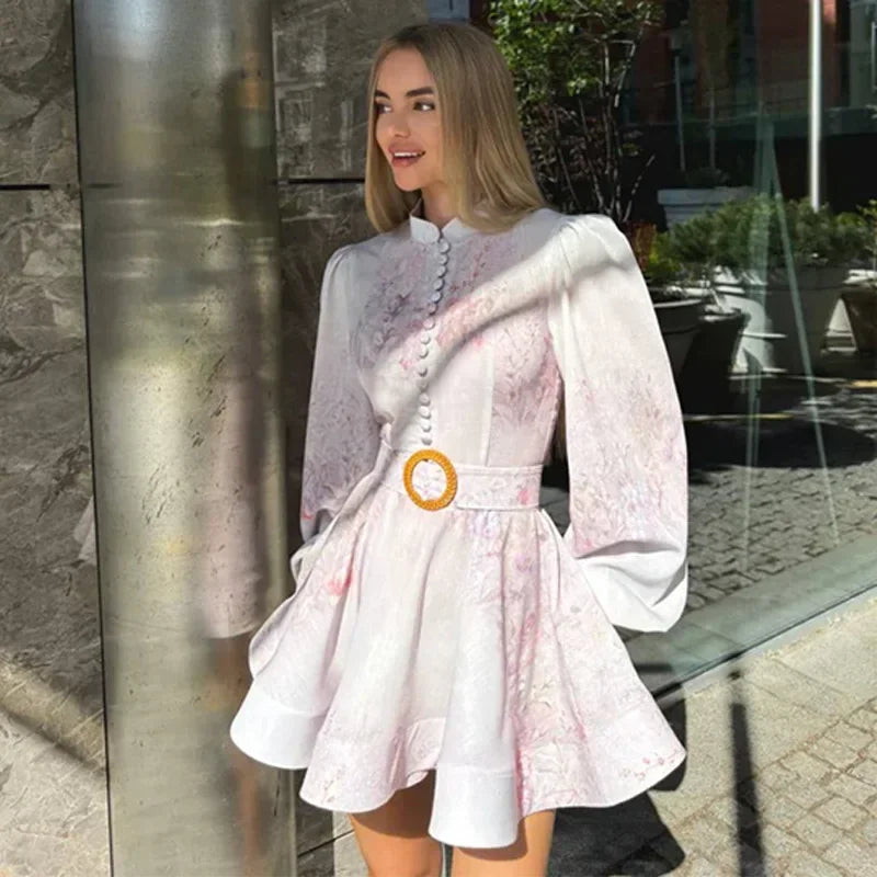 Elegant Printed Short Dress Women With Belt Single Breasted O-neck Long Sleeve A-line Dresses 2025 Fashion Party Vestidos Lady