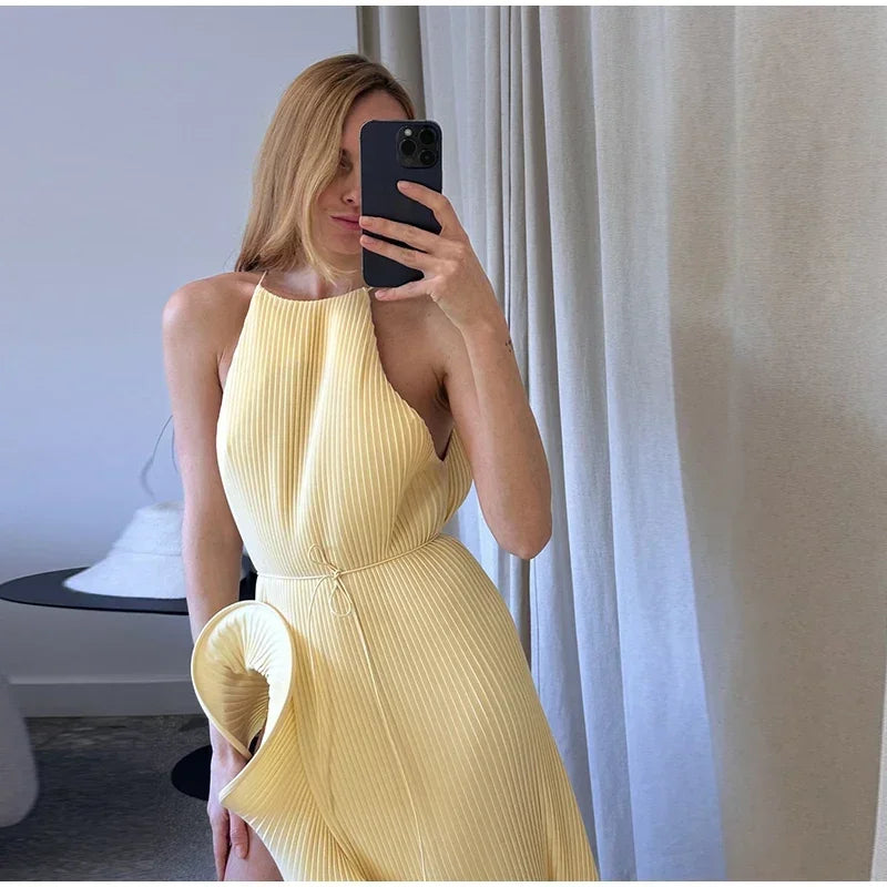Elegant Ruffle Hem Short Dress Women Sexy Halter Lace Up Sleeveless Backless Irregular Party Dresses 2025 Summer Lady Vestidos