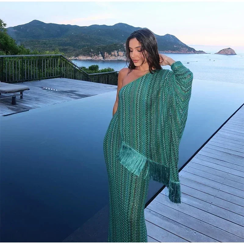 Elegant Tassel Stripe Long Dresses Women Sexy Off Shoulder With Scarf Full Sleeve Party Dress 2025 Fashion Loose Vestidos Lady