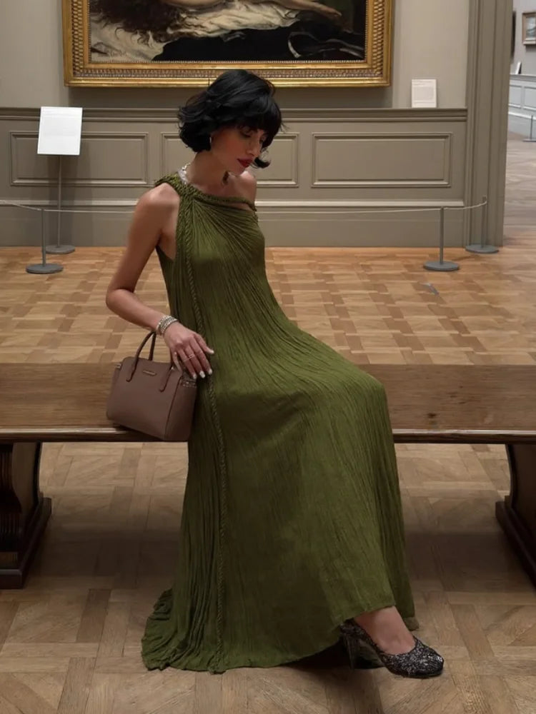 Sexy String Halter Dress For Women Loose Green Sleeveless Fold Long Dresses Female 2025 Summer Solid Beach Vacation Robes Lady