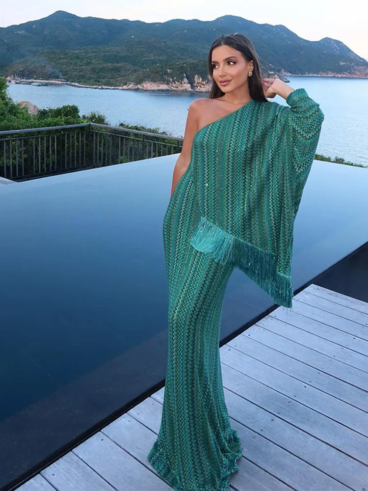 Elegant Tassel Stripe Long Dresses Women Sexy Off Shoulder With Scarf Full Sleeve Party Dress 2025 Fashion Loose Vestidos Lady
