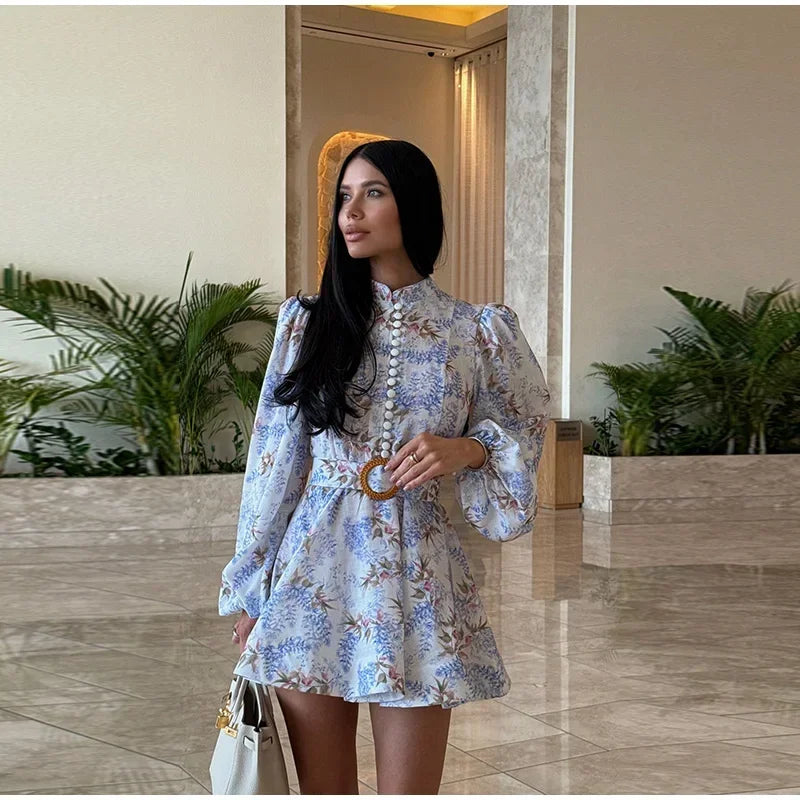 Elegant Printed Short Dress Women With Belt Single Breasted O-neck Long Sleeve A-line Dresses 2025 Fashion Party Vestidos Lady