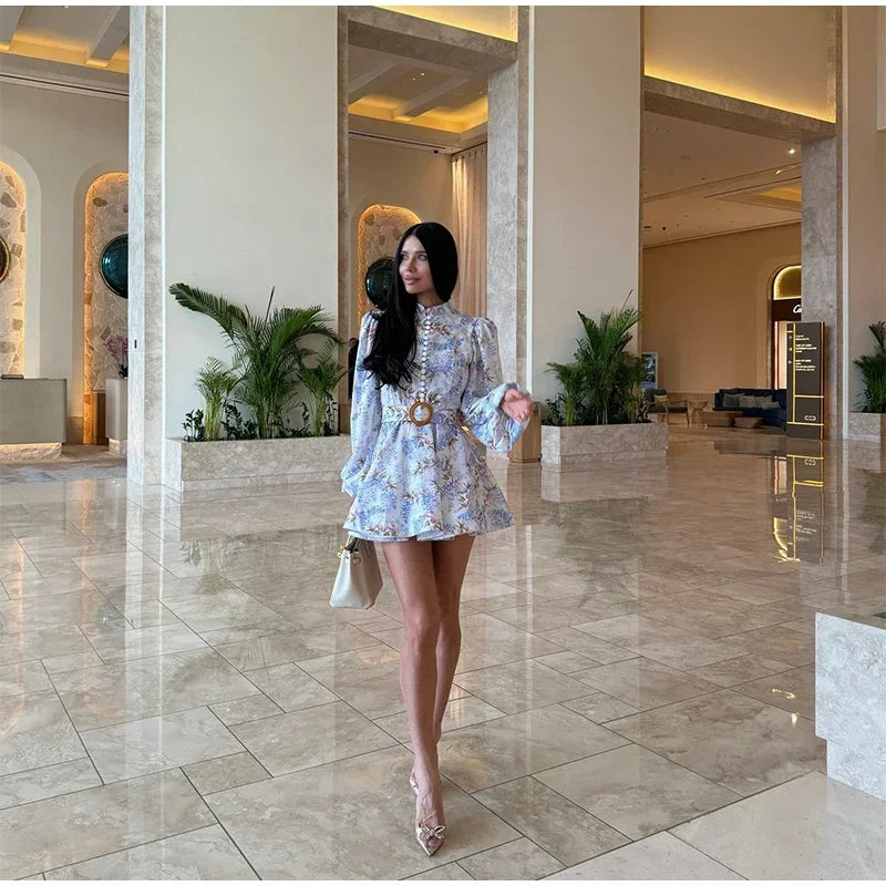 Elegant Printed Short Dress Women With Belt Single Breasted O-neck Long Sleeve A-line Dresses 2025 Fashion Party Vestidos Lady