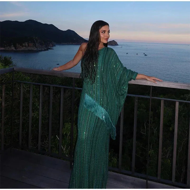Elegant Tassel Stripe Long Dresses Women Sexy Off Shoulder With Scarf Full Sleeve Party Dress 2025 Fashion Loose Vestidos Lady