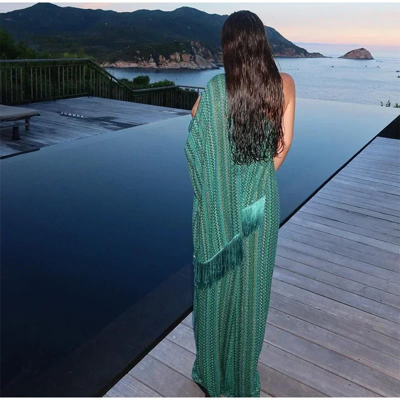 Elegant Tassel Stripe Long Dresses Women Sexy Off Shoulder With Scarf Full Sleeve Party Dress 2025 Fashion Loose Vestidos Lady