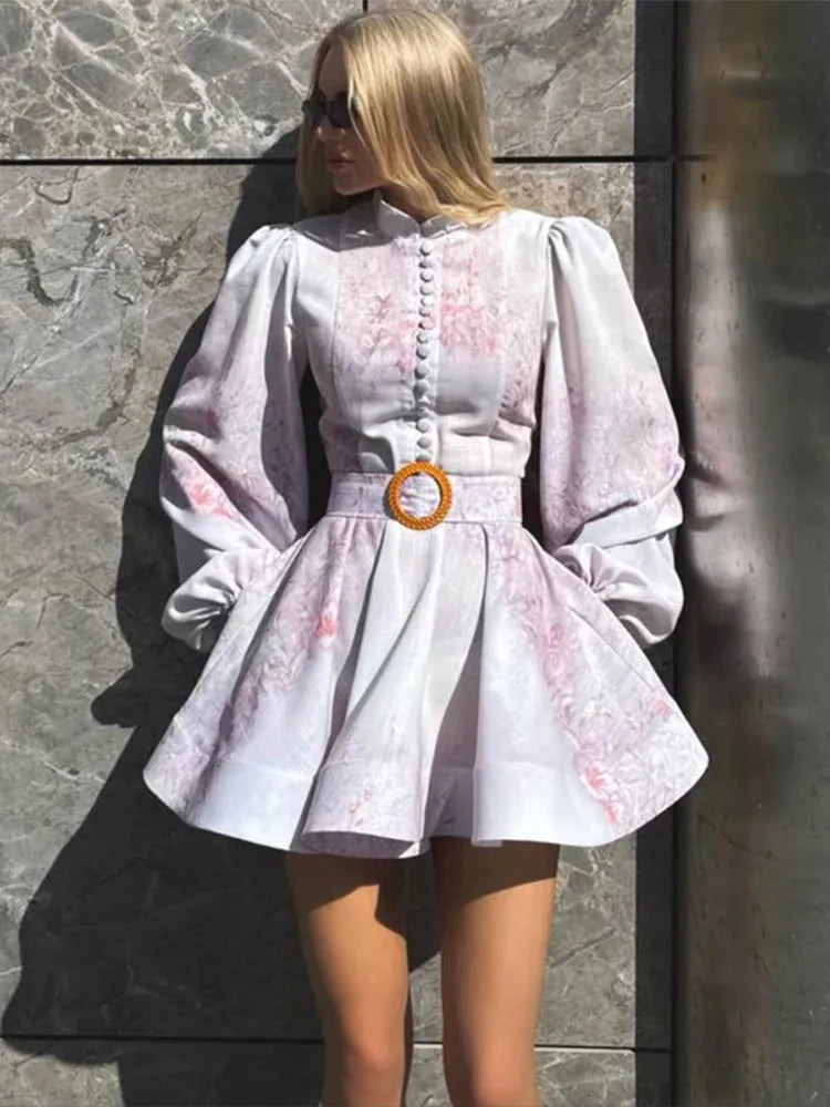 Elegant Printed Short Dress Women With Belt Single Breasted O-neck Long Sleeve A-line Dresses 2025 Fashion Party Vestidos Lady