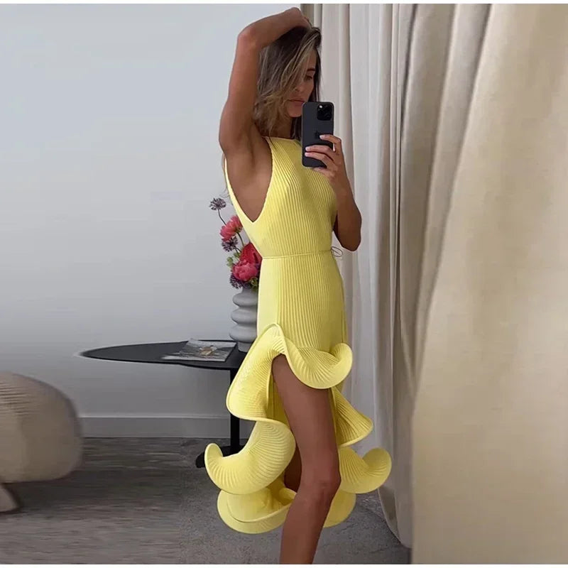 Elegant Ruffle Hem Short Dress Women Sexy Halter Lace Up Sleeveless Backless Irregular Party Dresses 2025 Summer Lady Vestidos