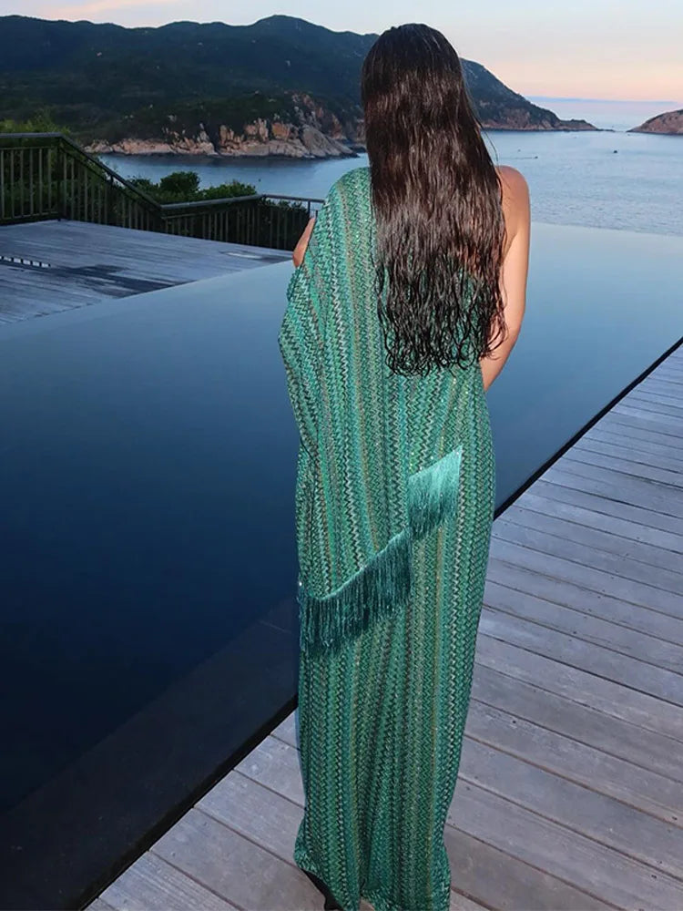 Elegant Tassel Stripe Long Dresses Women Sexy Off Shoulder With Scarf Full Sleeve Party Dress 2025 Fashion Loose Vestidos Lady