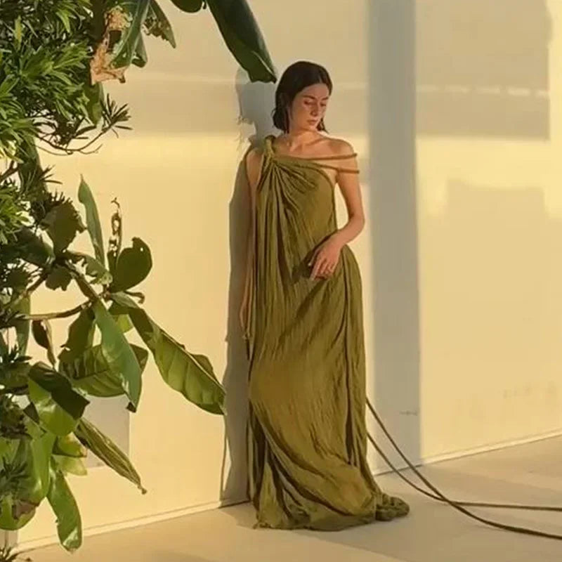 Sexy String Halter Dress For Women Loose Green Sleeveless Fold Long Dresses Female 2025 Summer Solid Beach Vacation Robes Lady