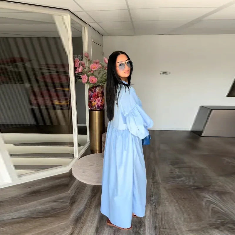 Casual Pleated Loose Dresses Women Solid Single Breasted O-neck Lantern Sleeve A Line High Waist Dress 2025 Chic Robes Lady
