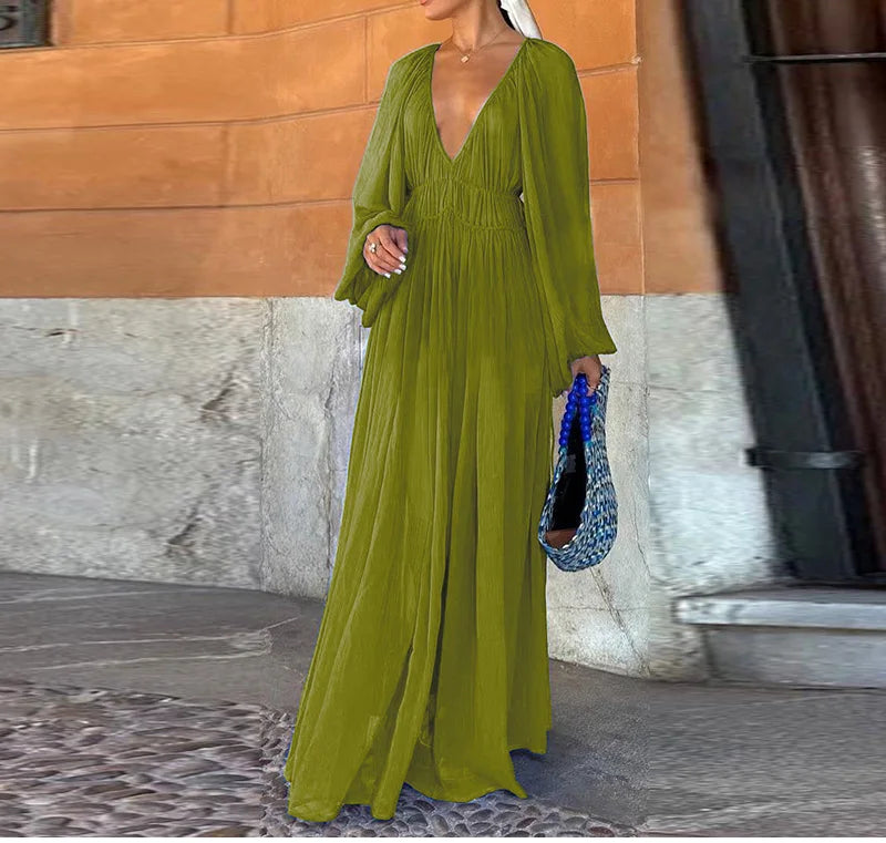 2025 Summer Commute Chic Vestidos Elegant Pleated Long Lantern Sleeve Long Dress Women O Neck Folds Loose Beach Dress