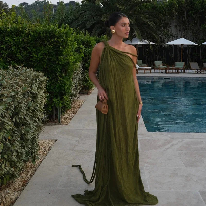 Sexy String Halter Dress For Women Loose Green Sleeveless Fold Long Dresses Female 2025 Summer Solid Beach Vacation Robes Lady