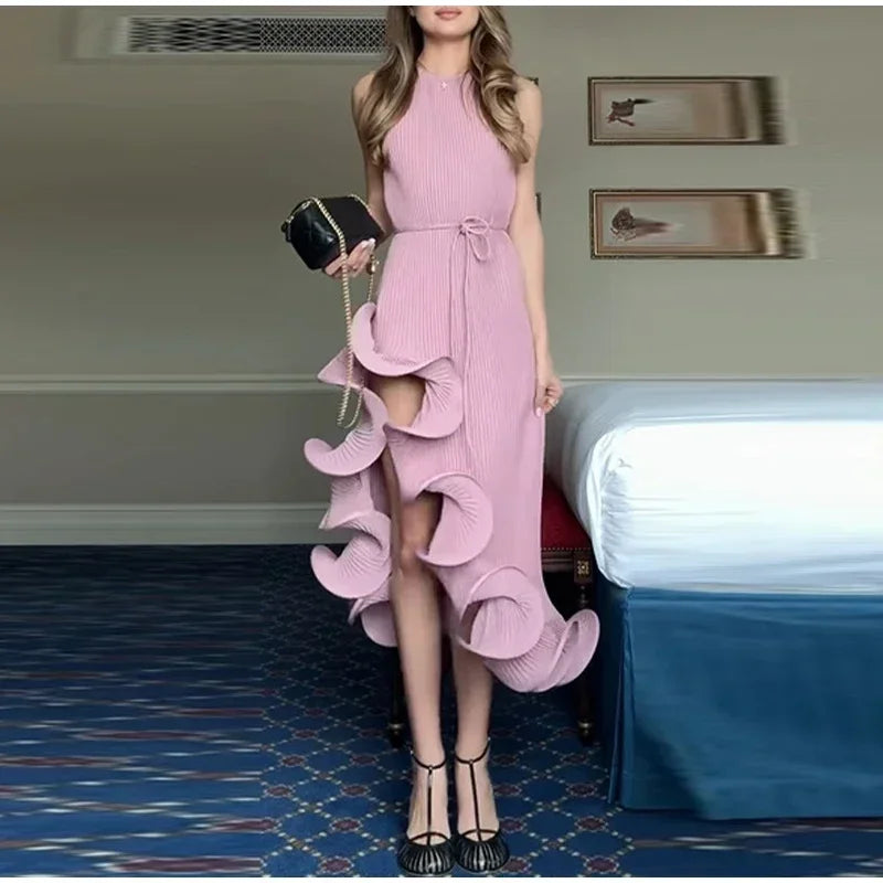 Elegant Ruffle Hem Short Dress Women Sexy Halter Lace Up Sleeveless Backless Irregular Party Dresses 2025 Summer Lady Vestidos