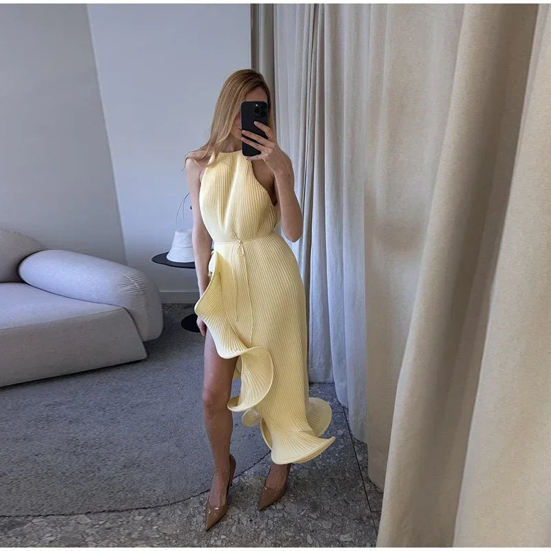 Elegant Ruffle Hem Short Dress Women Sexy Halter Lace Up Sleeveless Backless Irregular Party Dresses 2025 Summer Lady Vestidos
