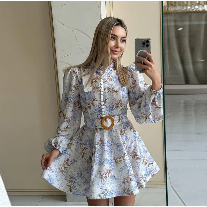 Elegant Printed Short Dress Women With Belt Single Breasted O-neck Long Sleeve A-line Dresses 2025 Fashion Party Vestidos Lady