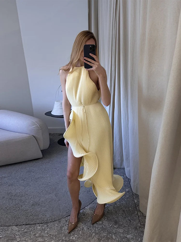 Elegant Ruffle Hem Short Dress Women Sexy Halter Lace Up Sleeveless Backless Irregular Party Dresses 2025 Summer Lady Vestidos