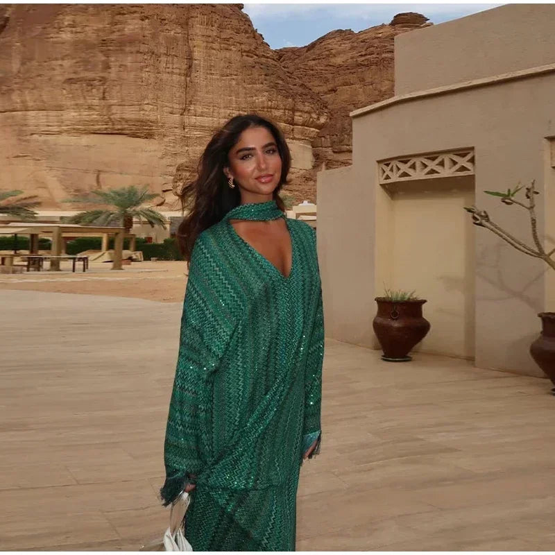 Elegant Tassel Stripe Long Dresses Women Sexy Off Shoulder With Scarf Full Sleeve Party Dress 2025 Fashion Loose Vestidos Lady