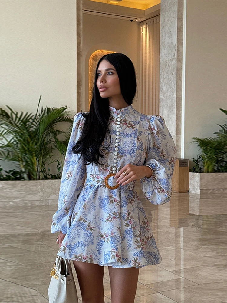 Elegant Printed Short Dress Women With Belt Single Breasted O-neck Long Sleeve A-line Dresses 2025 Fashion Party Vestidos Lady