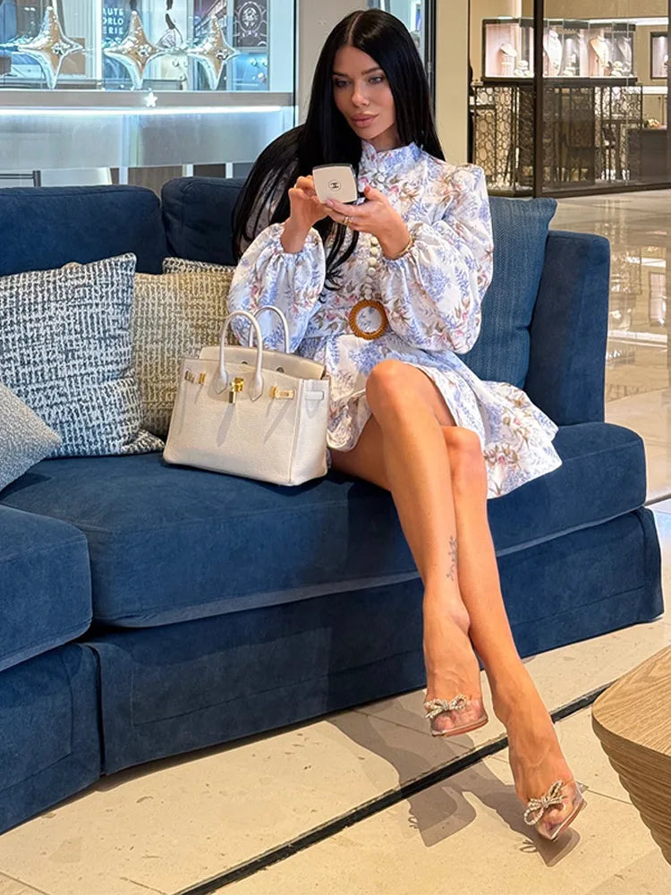 Elegant Printed Short Dress Women With Belt Single Breasted O-neck Long Sleeve A-line Dresses 2025 Fashion Party Vestidos Lady