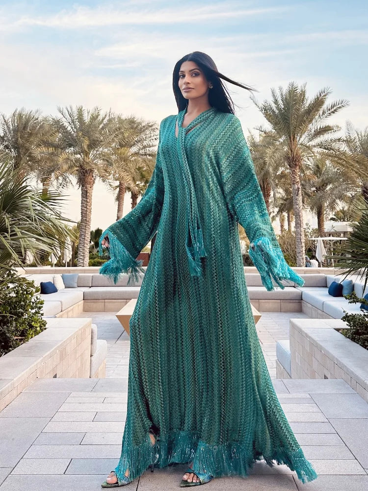 Elegant Tassel Stripe Long Dresses Women Sexy Off Shoulder With Scarf Full Sleeve Party Dress 2025 Fashion Loose Vestidos Lady