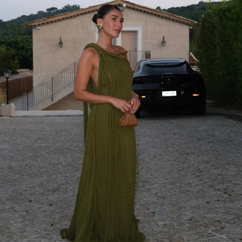 Sexy String Halter Dress For Women Loose Green Sleeveless Fold Long Dresses Female 2025 Summer Solid Beach Vacation Robes Lady