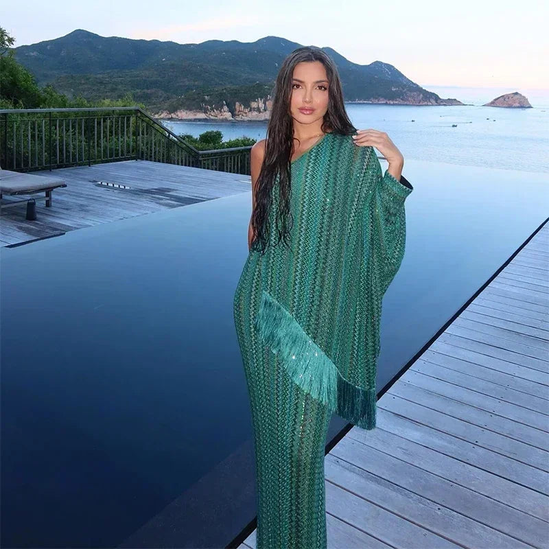 Elegant Tassel Stripe Long Dresses Women Sexy Off Shoulder With Scarf Full Sleeve Party Dress 2025 Fashion Loose Vestidos Lady