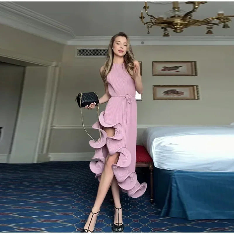 Elegant Ruffle Hem Short Dress Women Sexy Halter Lace Up Sleeveless Backless Irregular Party Dresses 2025 Summer Lady Vestidos