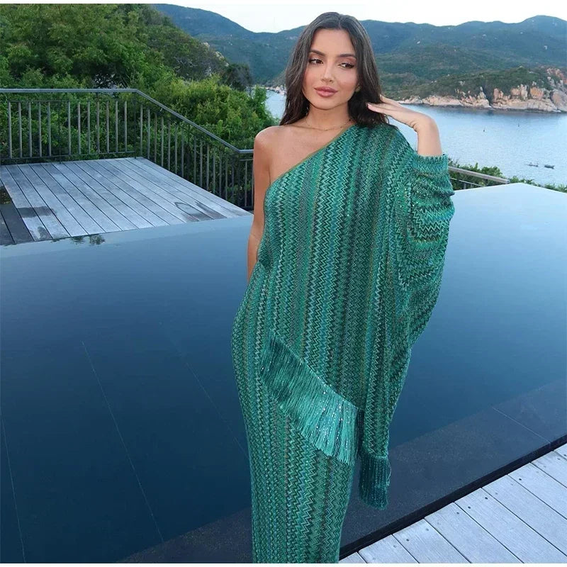Elegant Tassel Stripe Long Dresses Women Sexy Off Shoulder With Scarf Full Sleeve Party Dress 2025 Fashion Loose Vestidos Lady