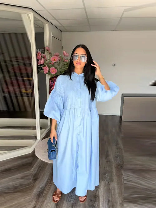 Casual Pleated Loose Dresses Women Solid Single Breasted O-neck Lantern Sleeve A Line High Waist Dress 2025 Chic Robes Lady