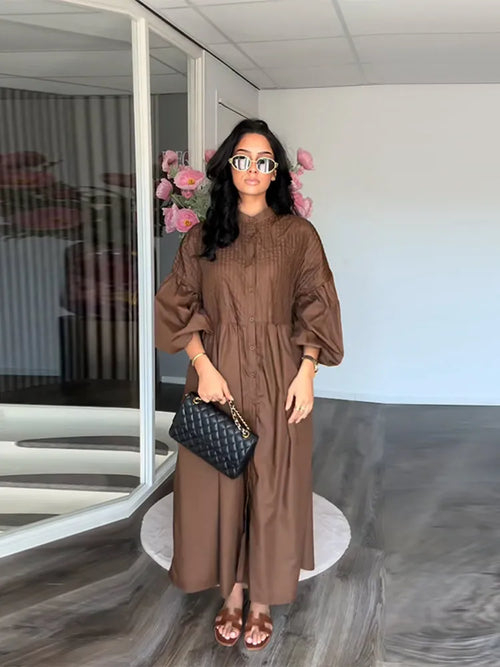 Casual Pleated Loose Dresses Women Solid Single Breasted O-neck Lantern Sleeve A Line High Waist Dress 2025 Chic Robes Lady