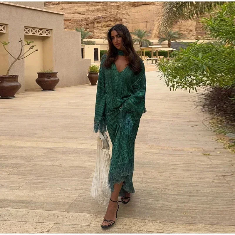 Elegant Tassel Stripe Long Dresses Women Sexy Off Shoulder With Scarf Full Sleeve Party Dress 2025 Fashion Loose Vestidos Lady