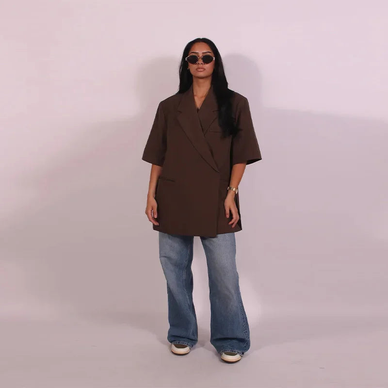Elegant Blazer Coat Women Solid Short Sleeve Turn-down Collar Pocket Loose Coats 2025 Summer Autumn Chic Commute Outwear Lady