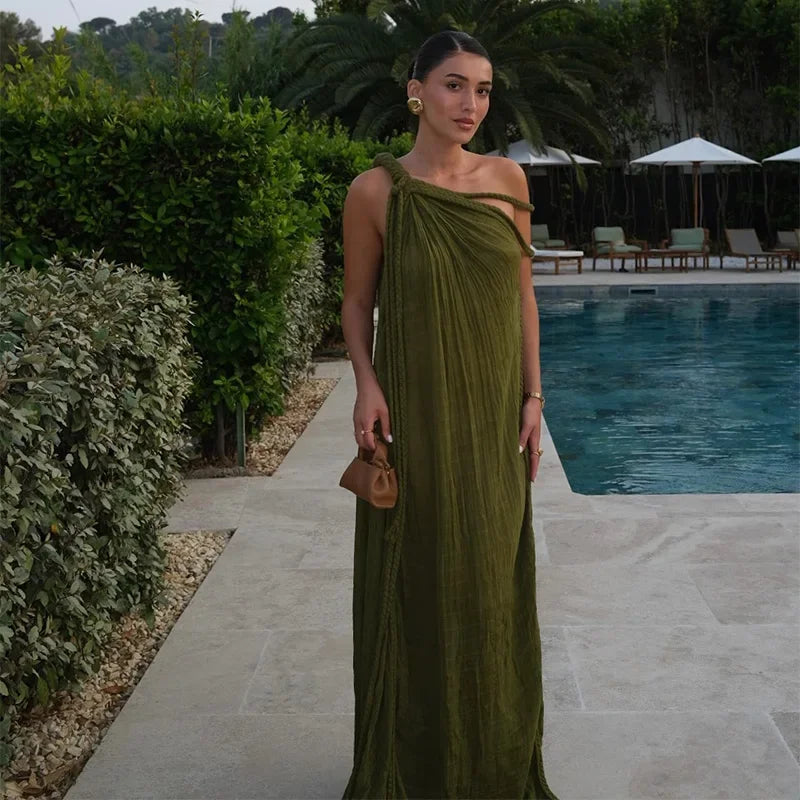 Sexy String Halter Dress For Women Loose Green Sleeveless Fold Long Dresses Female 2025 Summer Solid Beach Vacation Robes Lady